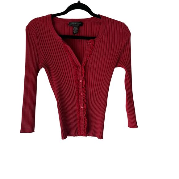 Cable & Gauge Sweater Y2k Fitted Small Red Ribbed Button Ruffle Silk Blend Top - Picture 1 of 7